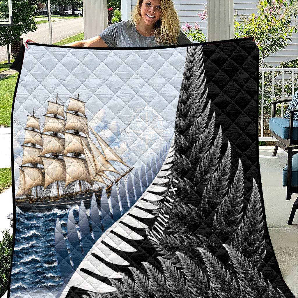 Personalised New Zealand Pakeha Quilt Kiwi Silver Fern and Sailing Ship Compass LT14 Blue - Polynesian Pride