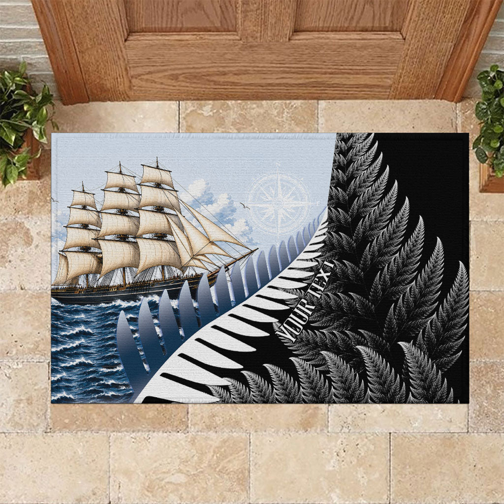 Personalised New Zealand Pakeha Rubber Doormat Kiwi Silver Fern and Sailing Ship Compass LT14 Blue - Polynesian Pride