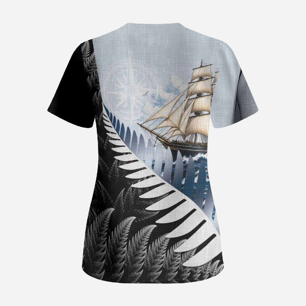 Personalised New Zealand Pakeha Scrub Top Kiwi Silver Fern and Sailing Ship Compass LT14 - Polynesian Pride