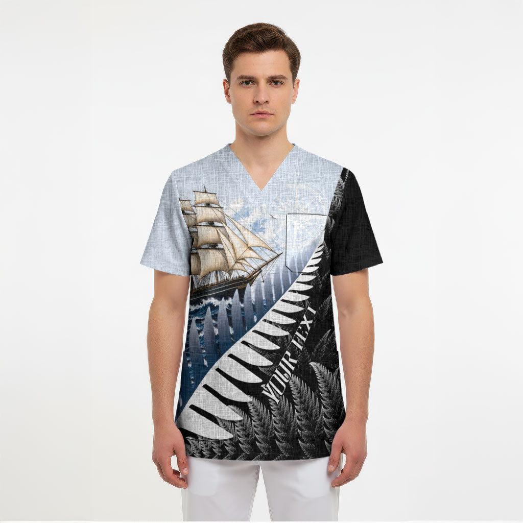 Personalised New Zealand Pakeha Scrub Top Kiwi Silver Fern and Sailing Ship Compass LT14 - Polynesian Pride