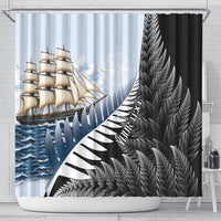Personalised New Zealand Pakeha Shower Curtain Kiwi Silver Fern and Sailing Ship Compass LT14 - Polynesian Pride