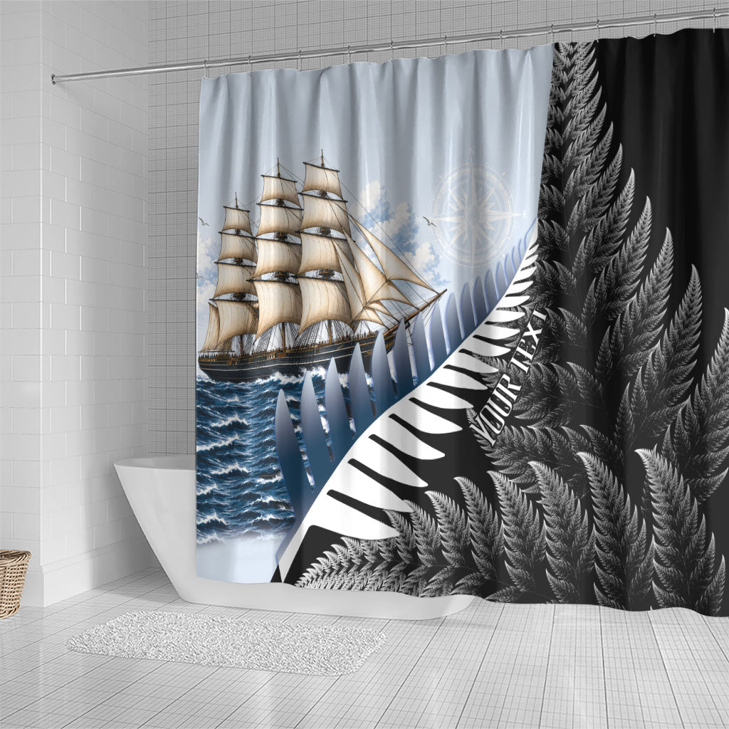 Personalised New Zealand Pakeha Shower Curtain Kiwi Silver Fern and Sailing Ship Compass LT14 - Polynesian Pride