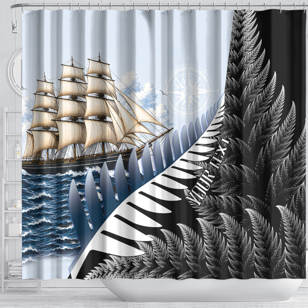 Personalised New Zealand Pakeha Shower Curtain Kiwi Silver Fern and Sailing Ship Compass LT14 - Polynesian Pride
