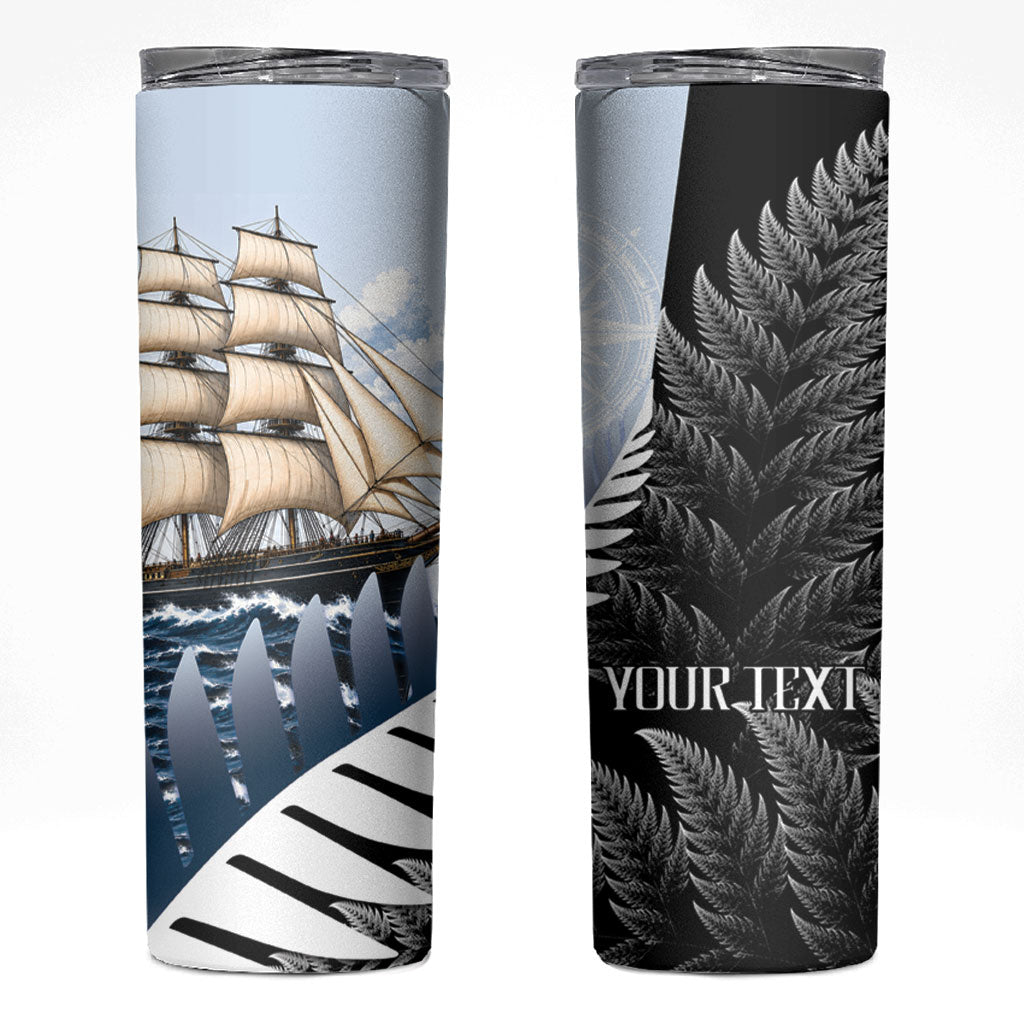 Personalised New Zealand Pakeha Skinny Tumbler Kiwi Silver Fern and Sailing Ship Compass LT14 Blue - Polynesian Pride