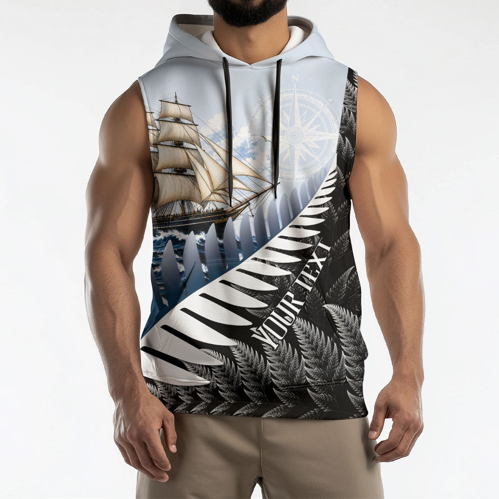 Personalised New Zealand Pakeha Sleeveless Hoodie Kiwi Silver Fern and Sailing Ship Compass LT14 - Polynesian Pride