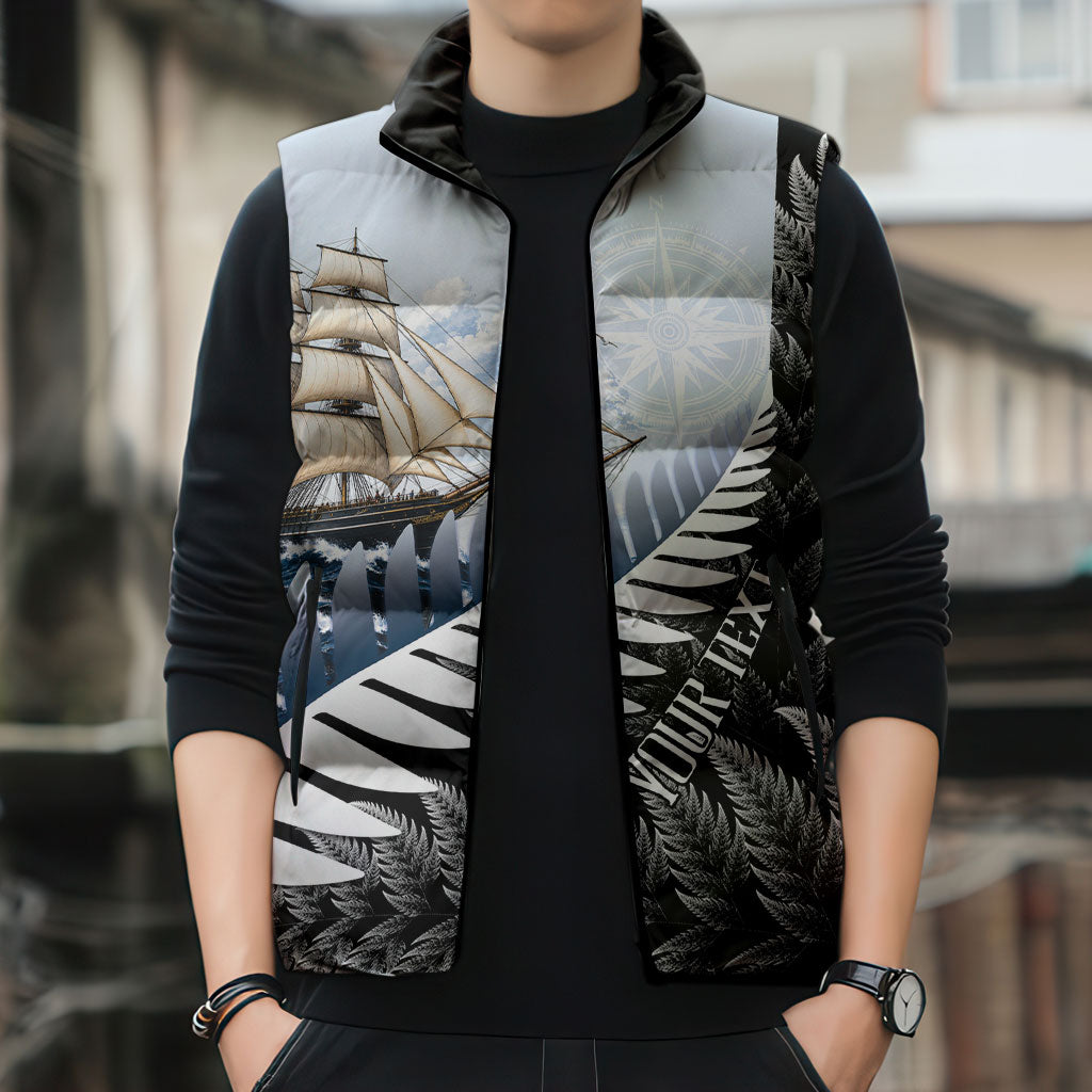 Personalised New Zealand Pakeha Sleeveless Puffer Jacket Kiwi Silver Fern and Sailing Ship Compass LT14 - Polynesian Pride