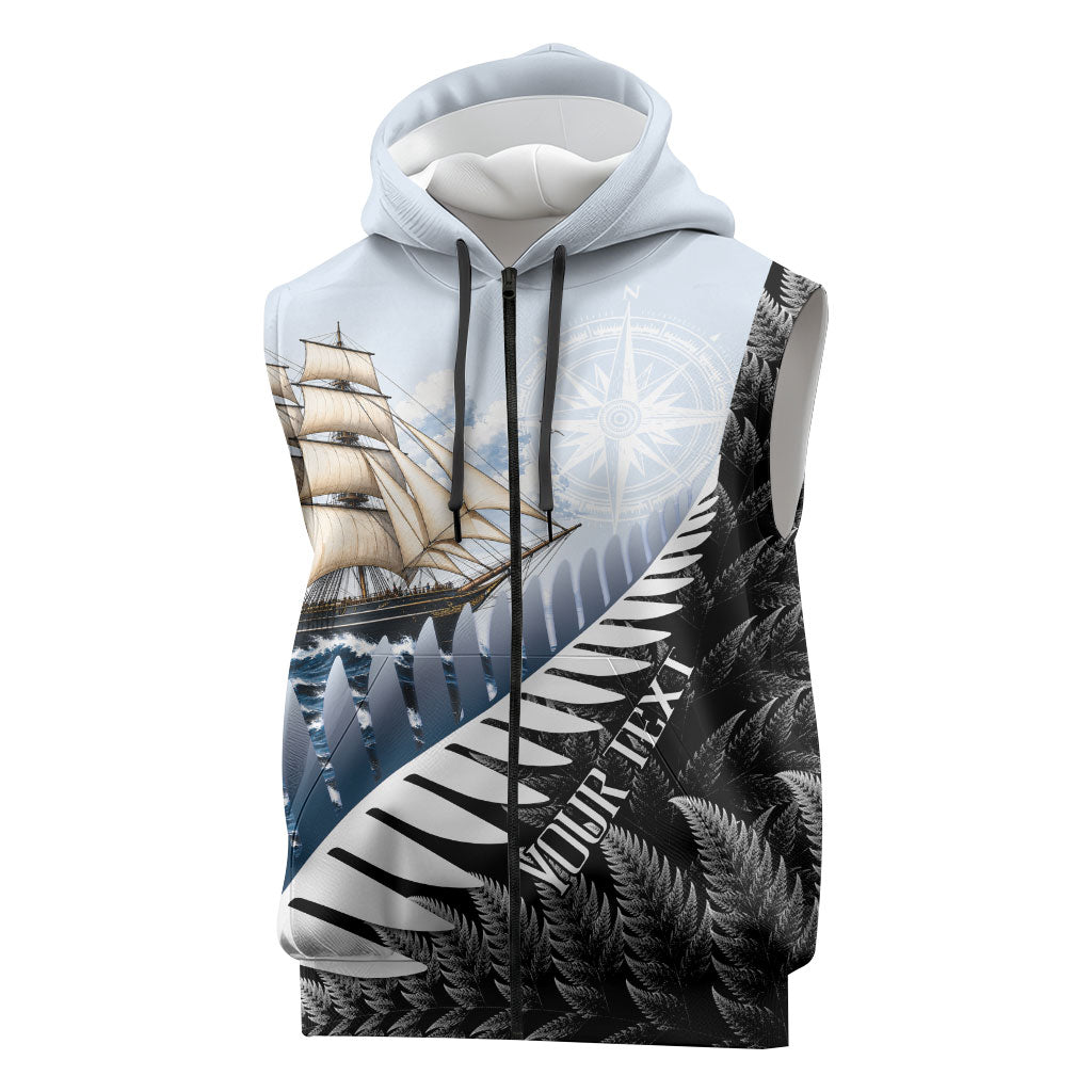 Personalised New Zealand Pakeha Sleeveless Zip Hoodie Kiwi Silver Fern and Sailing Ship Compass LT14 Blue - Polynesian Pride