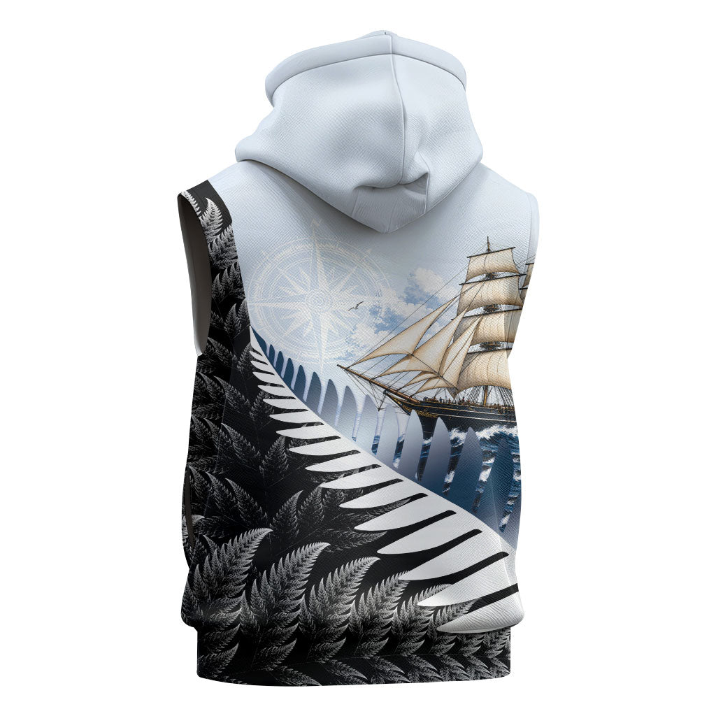 Personalised New Zealand Pakeha Sleeveless Zip Hoodie Kiwi Silver Fern and Sailing Ship Compass LT14 - Polynesian Pride