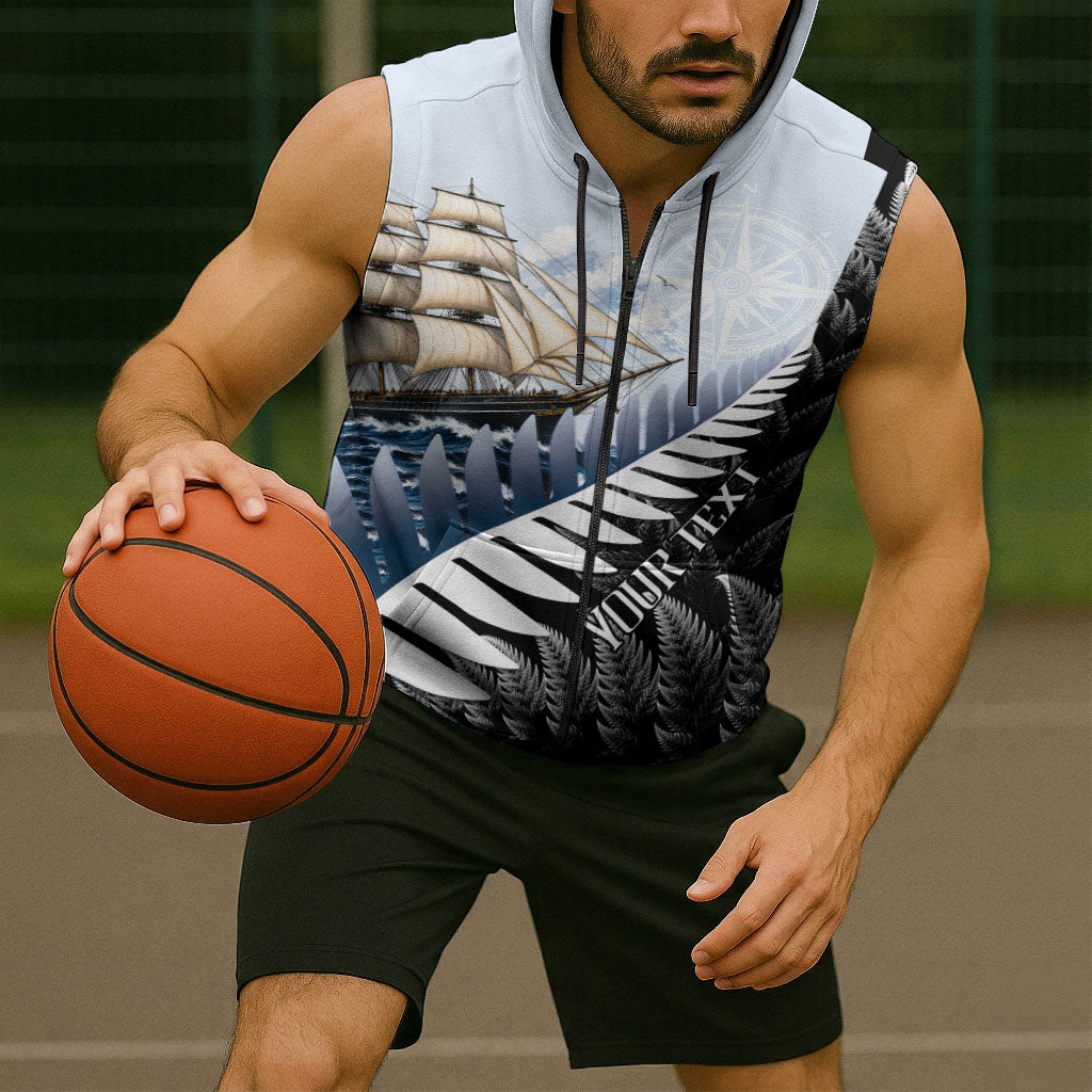Personalised New Zealand Pakeha Sleeveless Zip Hoodie Kiwi Silver Fern and Sailing Ship Compass LT14 - Polynesian Pride