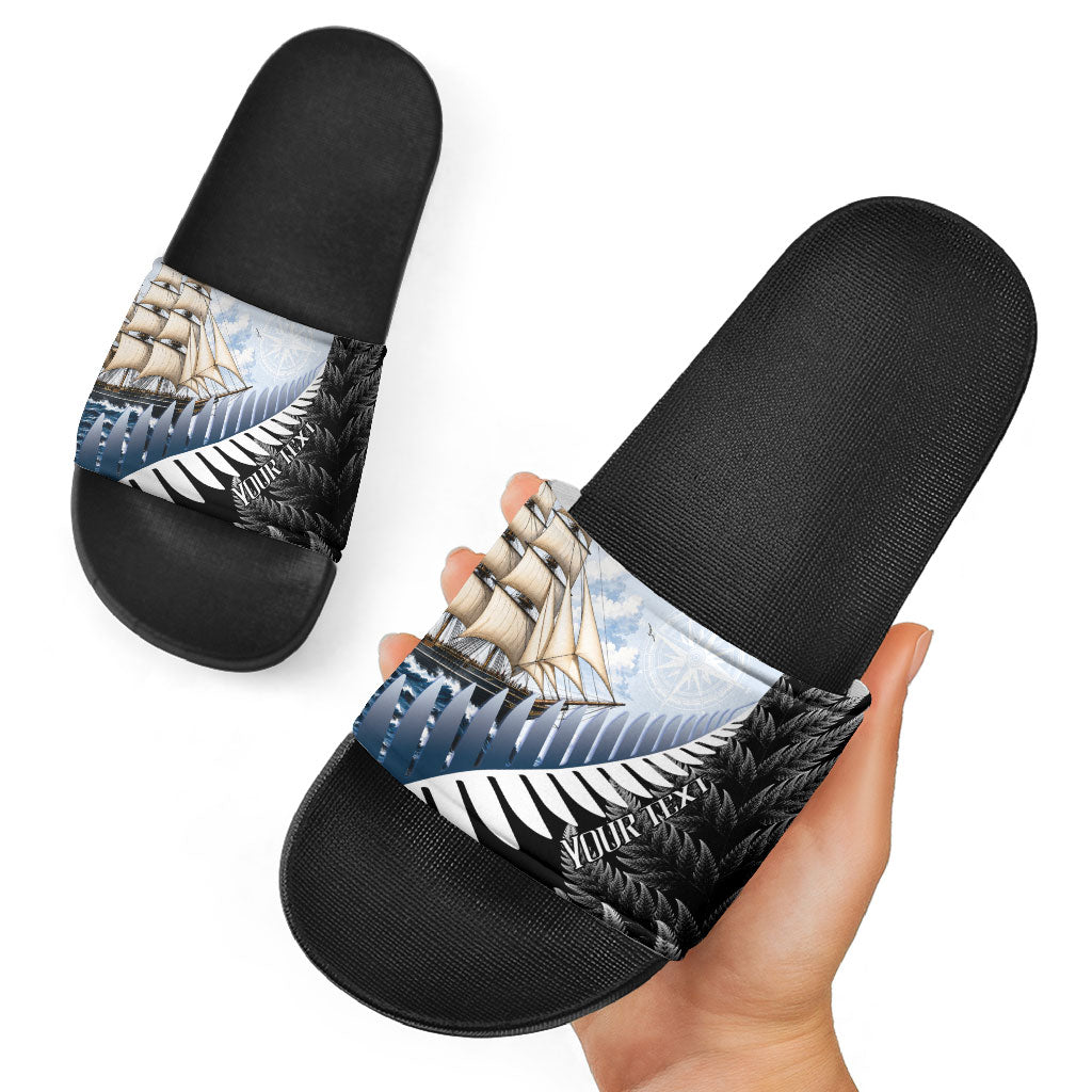 Personalised New Zealand Pakeha Slide Sandals Kiwi Silver Fern and Sailing Ship Compass LT14 - Polynesian Pride