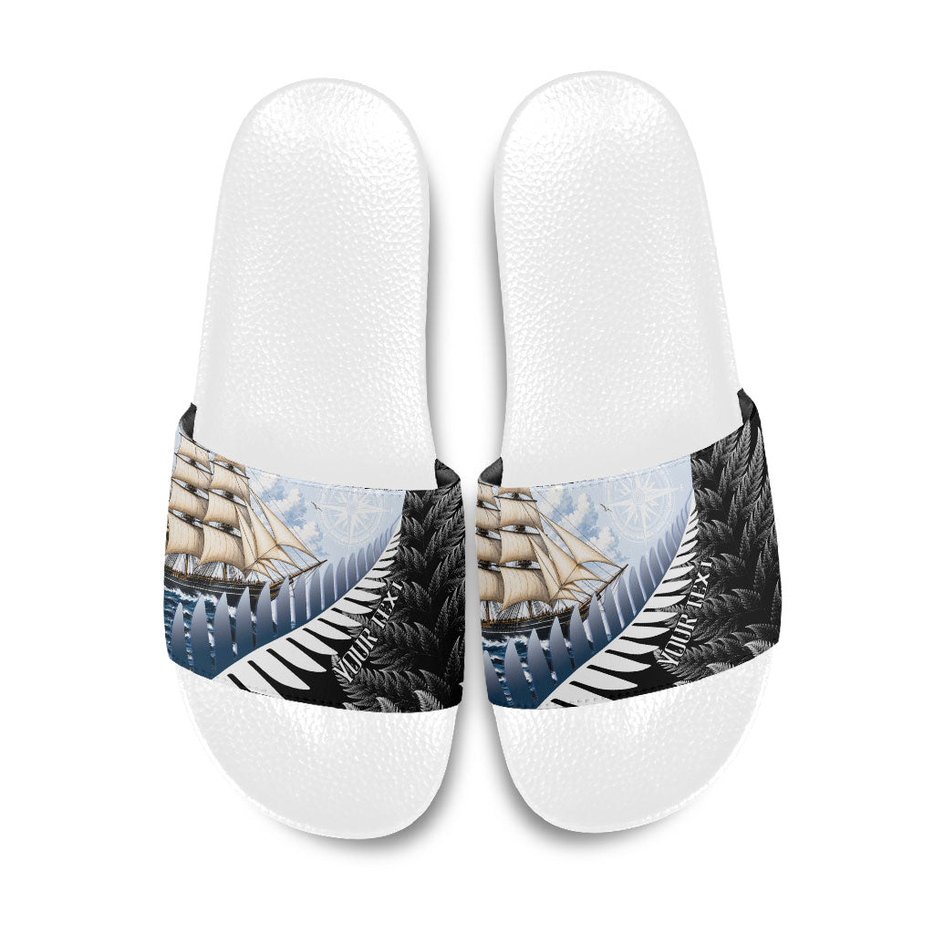 Personalised New Zealand Pakeha Slide Sandals Kiwi Silver Fern and Sailing Ship Compass LT14 Blue - Polynesian Pride
