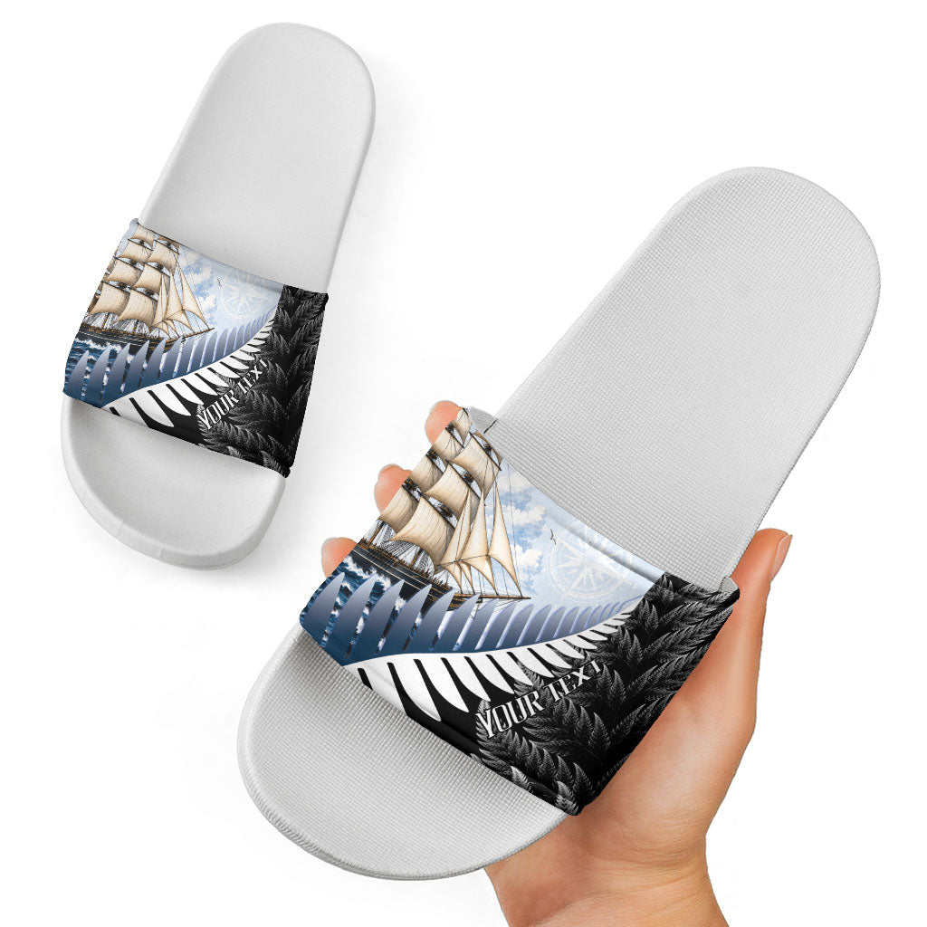 Personalised New Zealand Pakeha Slide Sandals Kiwi Silver Fern and Sailing Ship Compass LT14 - Polynesian Pride