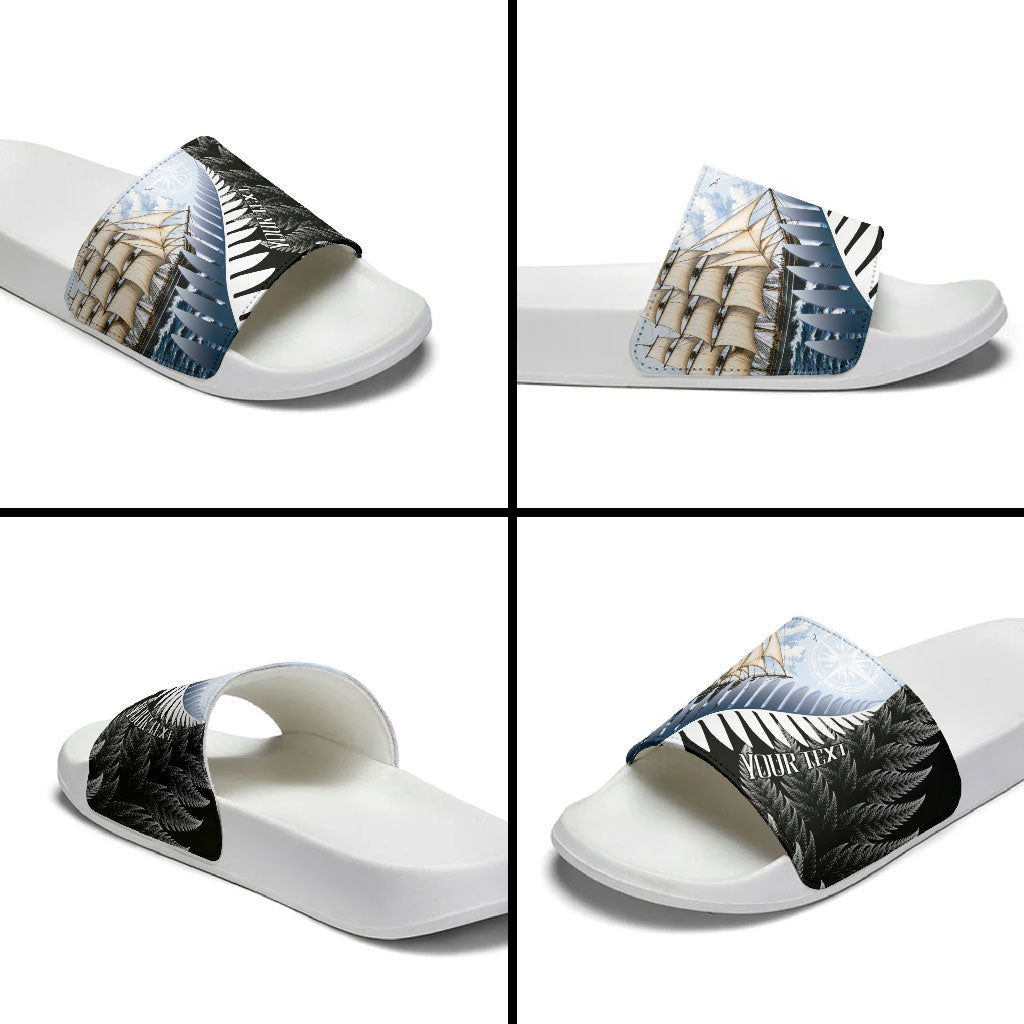 Personalised New Zealand Pakeha Slide Sandals Kiwi Silver Fern and Sailing Ship Compass LT14 - Polynesian Pride