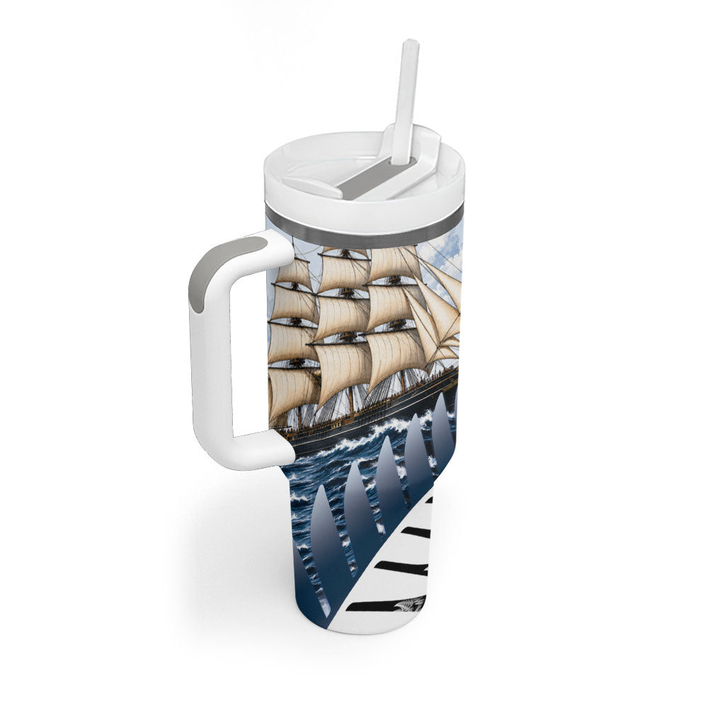 Personalised New Zealand Pakeha Tumbler With Handle Kiwi Silver Fern and Sailing Ship Compass LT14 - Polynesian Pride