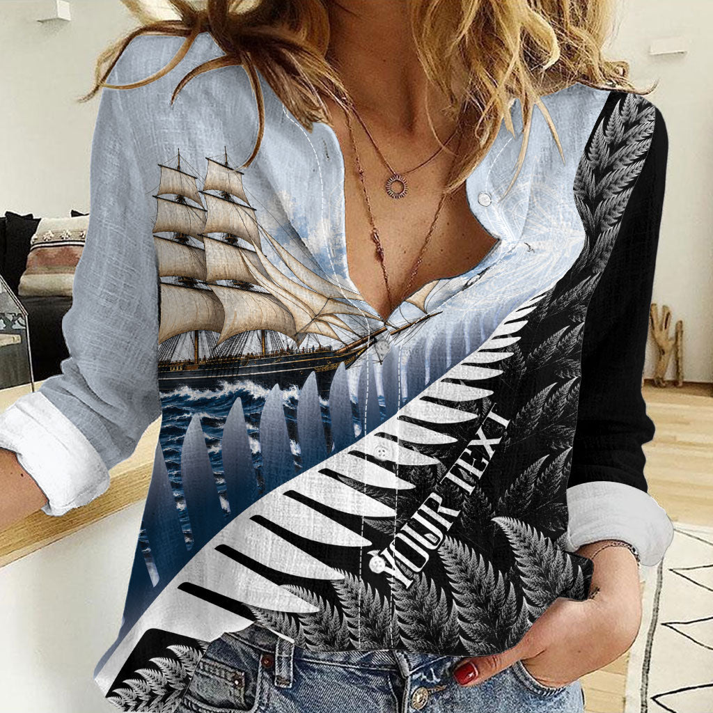 Personalised New Zealand Pakeha Women Casual Shirt Kiwi Silver Fern and Sailing Ship Compass LT14 Female Blue - Polynesian Pride