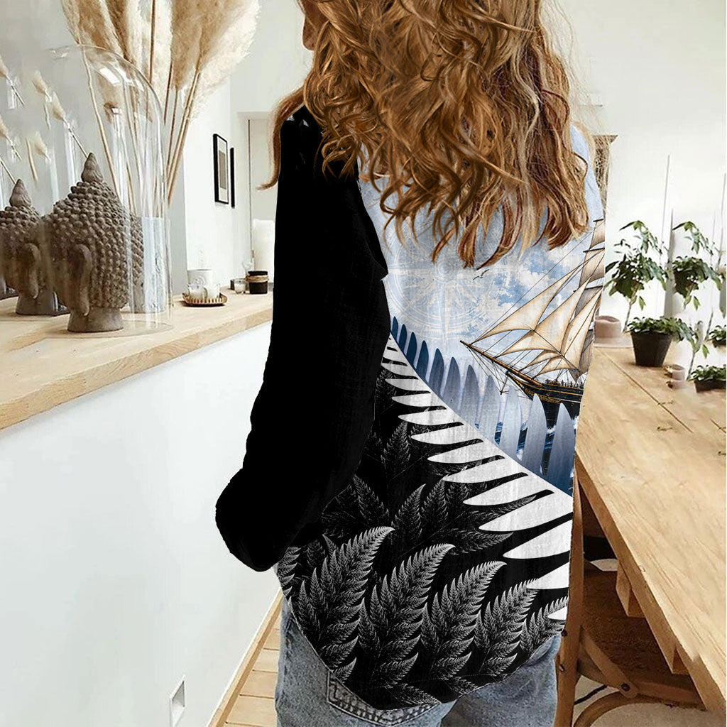 Personalised New Zealand Pakeha Women Casual Shirt Kiwi Silver Fern and Sailing Ship Compass LT14 - Polynesian Pride