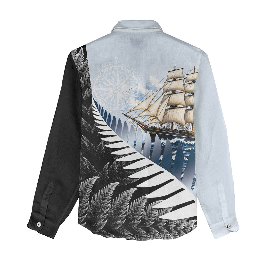 Personalised New Zealand Pakeha Women Casual Shirt Kiwi Silver Fern and Sailing Ship Compass LT14 - Polynesian Pride