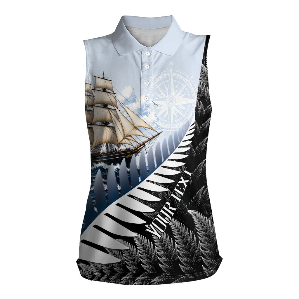 Personalised New Zealand Pakeha Women Sleeveless Polo Shirt Kiwi Silver Fern and Sailing Ship Compass LT14 Female Blue - Polynesian Pride