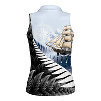 Personalised New Zealand Pakeha Women Sleeveless Polo Shirt Kiwi Silver Fern and Sailing Ship Compass LT14 - Polynesian Pride