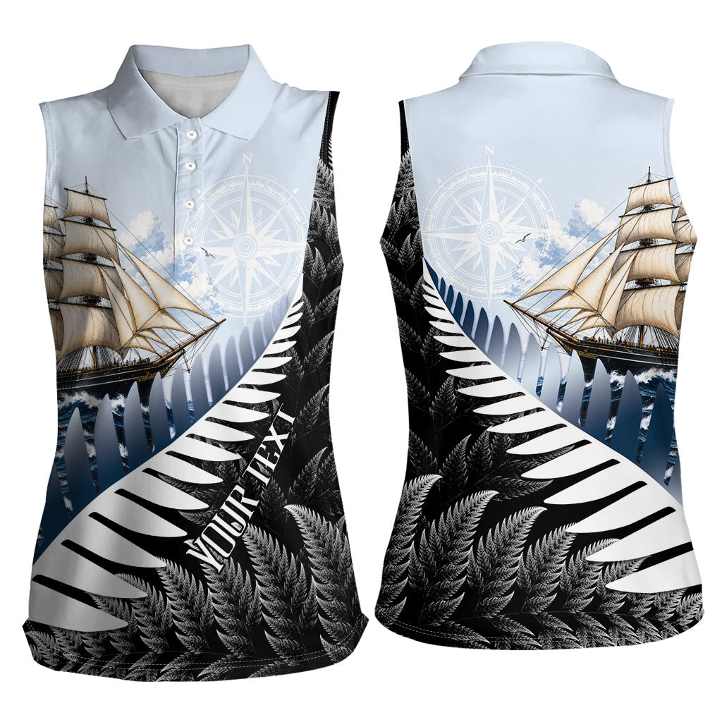 Personalised New Zealand Pakeha Women Sleeveless Polo Shirt Kiwi Silver Fern and Sailing Ship Compass LT14 - Polynesian Pride