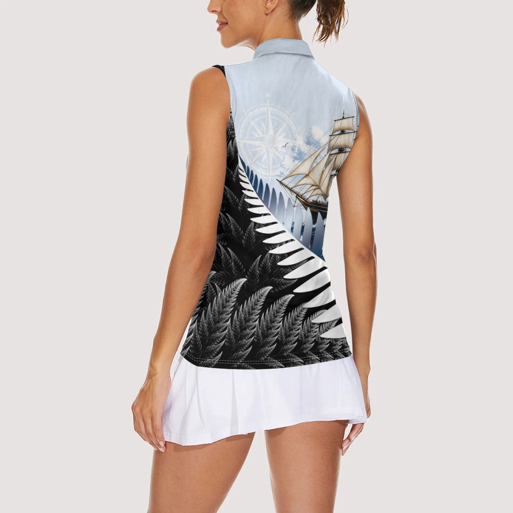 Personalised New Zealand Pakeha Women Sleeveless Polo Shirt Kiwi Silver Fern and Sailing Ship Compass LT14 - Polynesian Pride
