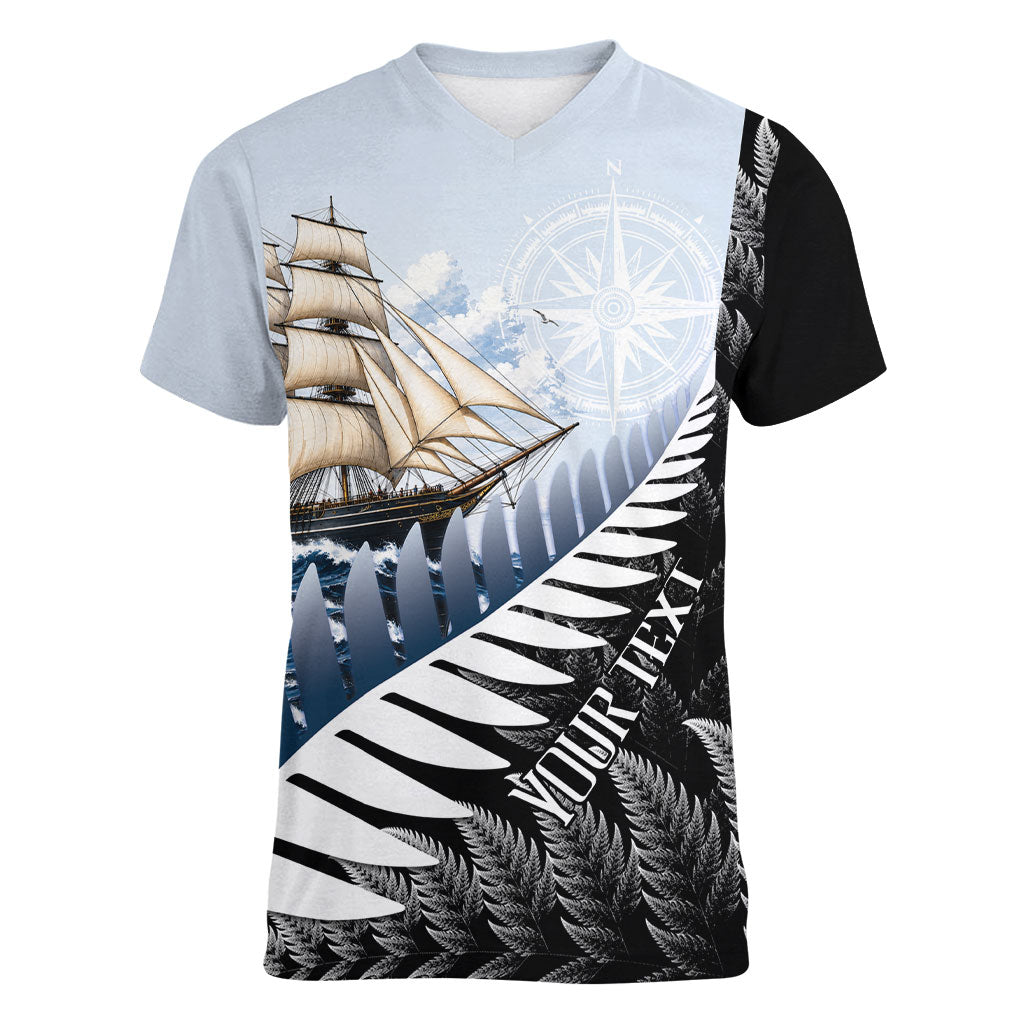 Personalised New Zealand Pakeha Women V-Neck T-Shirt Kiwi Silver Fern and Sailing Ship Compass LT14 Female Blue - Polynesian Pride