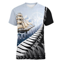 Personalised New Zealand Pakeha Women V-Neck T-Shirt Kiwi Silver Fern and Sailing Ship Compass LT14 Female Blue - Polynesian Pride
