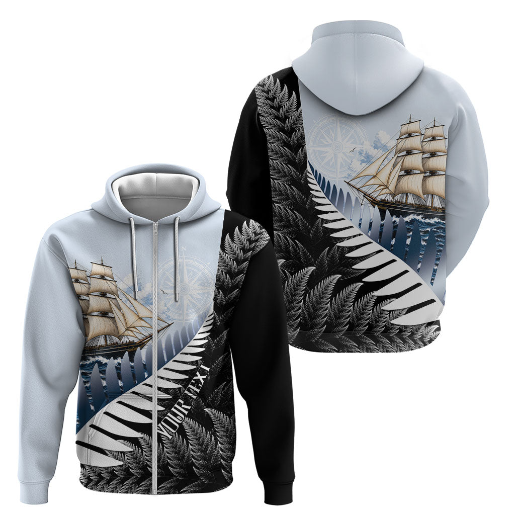Personalised New Zealand Pakeha Zip Hoodie Kiwi Silver Fern and Sailing Ship Compass LT14 - Polynesian Pride