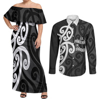 Lil Pakeha Lil Maori New Zealand Couples Matching Off Shoulder Maxi Dress and Long Sleeve Button Shirt Kiwi Proud Mangopare Pattern LT14 Black - Polynesian Pride