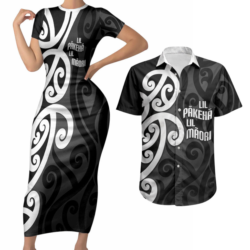 Lil Pakeha Lil Maori New Zealand Couples Matching Short Sleeve Bodycon Dress and Hawaiian Shirt Kiwi Proud Mangopare Pattern LT14 Black - Polynesian Pride