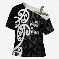 Lil Pakeha Lil Maori New Zealand Cross Shoulder Shirt Kiwi Proud Mangopare Pattern LT14 Female Black - Polynesian Pride