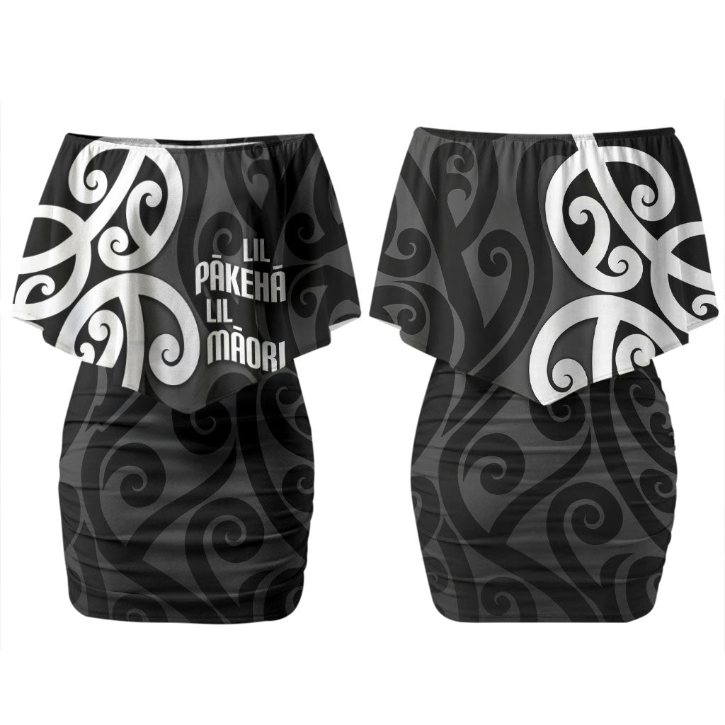 Lil Pakeha Lil Maori New Zealand Family Matching Off Shoulder Short Dress and Hawaiian Shirt Kiwi Proud Mangopare Pattern LT14 Mom's Dress Black - Polynesian Pride