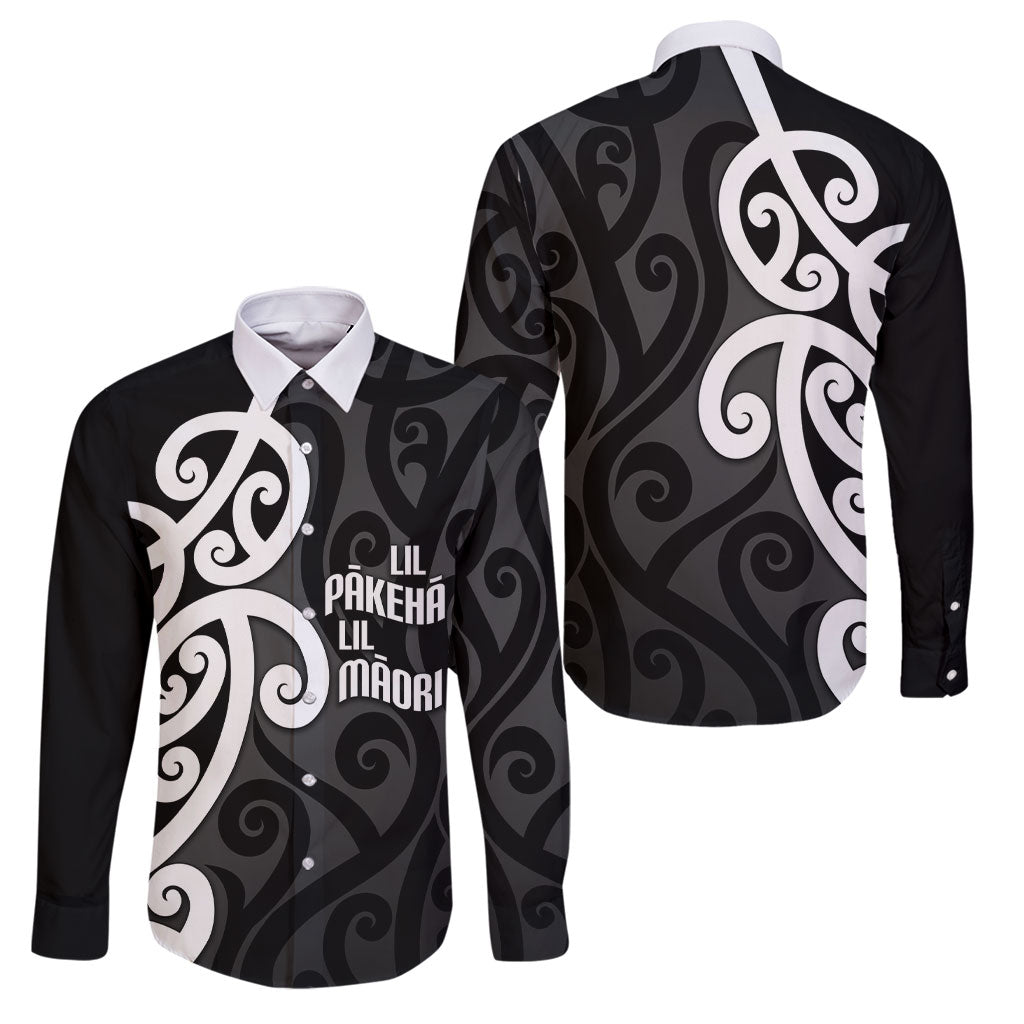 Lil Pakeha Lil Maori New Zealand Family Matching Off Shoulder Short Dress and Hawaiian Shirt Kiwi Proud Mangopare Pattern LT14 Dad's Shirt - Long Sleeve Black - Polynesian Pride