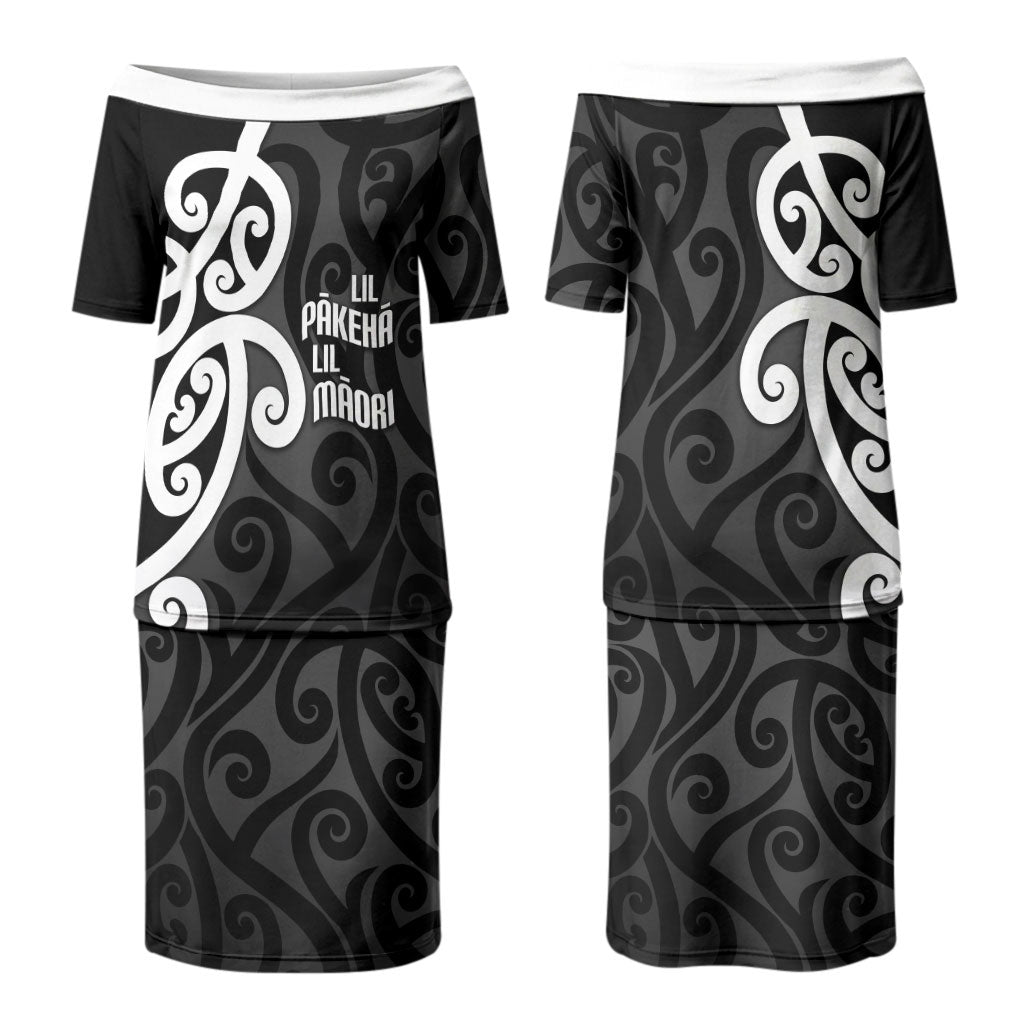 Lil Pakeha Lil Maori New Zealand Family Matching Puletasi and Hawaiian Shirt Kiwi Proud Mangopare Pattern LT14 Mom's Dress Black - Polynesian Pride
