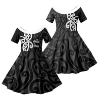 Lil Pakeha Lil Maori New Zealand Family Matching Short Sleeve Bodycon Dress and Hawaiian Shirt Kiwi Proud Mangopare Pattern LT14 Daughter's Dress Black - Polynesian Pride