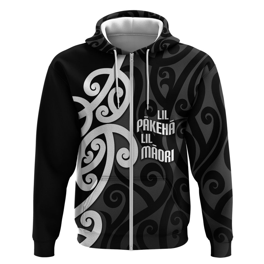 Lil Pakeha Lil Maori New Zealand Hoodie Kiwi Proud Mangopare Pattern LT14 Zip Hoodie Black - Polynesian Pride