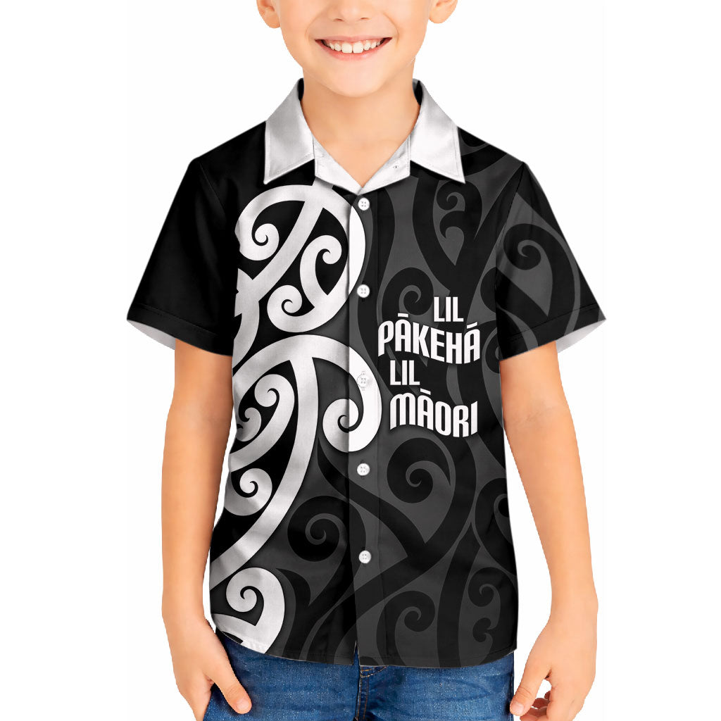 Lil Pakeha Lil Maori New Zealand Kid Hawaiian Shirt Kiwi Proud Mangopare Pattern LT14 Kid Black - Polynesian Pride