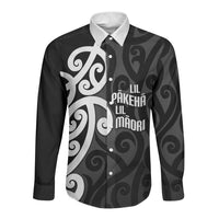 Lil Pakeha Lil Maori New Zealand Long Sleeve Button Shirt Kiwi Proud Mangopare Pattern LT14 Unisex Black - Polynesian Pride