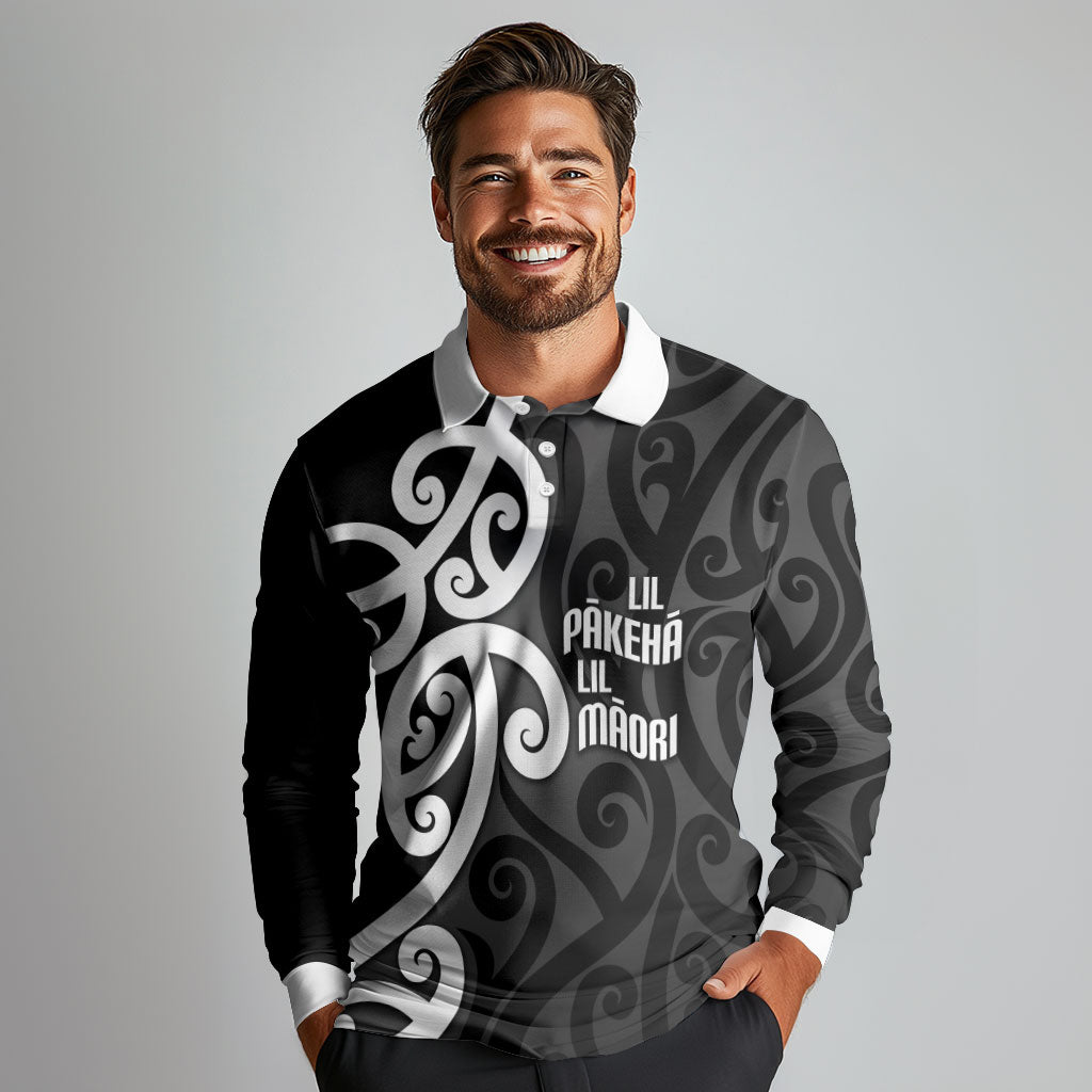 Lil Pakeha Lil Maori New Zealand Long Sleeve Polo Shirt Kiwi Proud Mangopare Pattern LT14 - Polynesian Pride