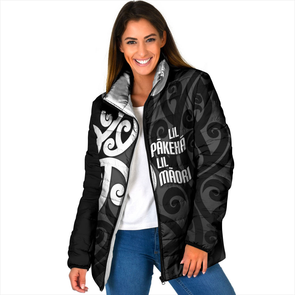 Lil Pakeha Lil Maori New Zealand Padded Jacket Kiwi Proud Mangopare Pattern LT14 Women Black - Polynesian Pride