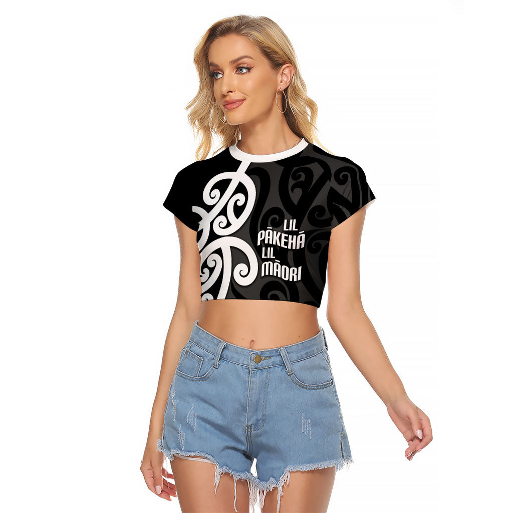 Lil Pakeha Lil Maori New Zealand Raglan Cropped T Shirt Kiwi Proud Mangopare Pattern LT14 Female Black - Polynesian Pride