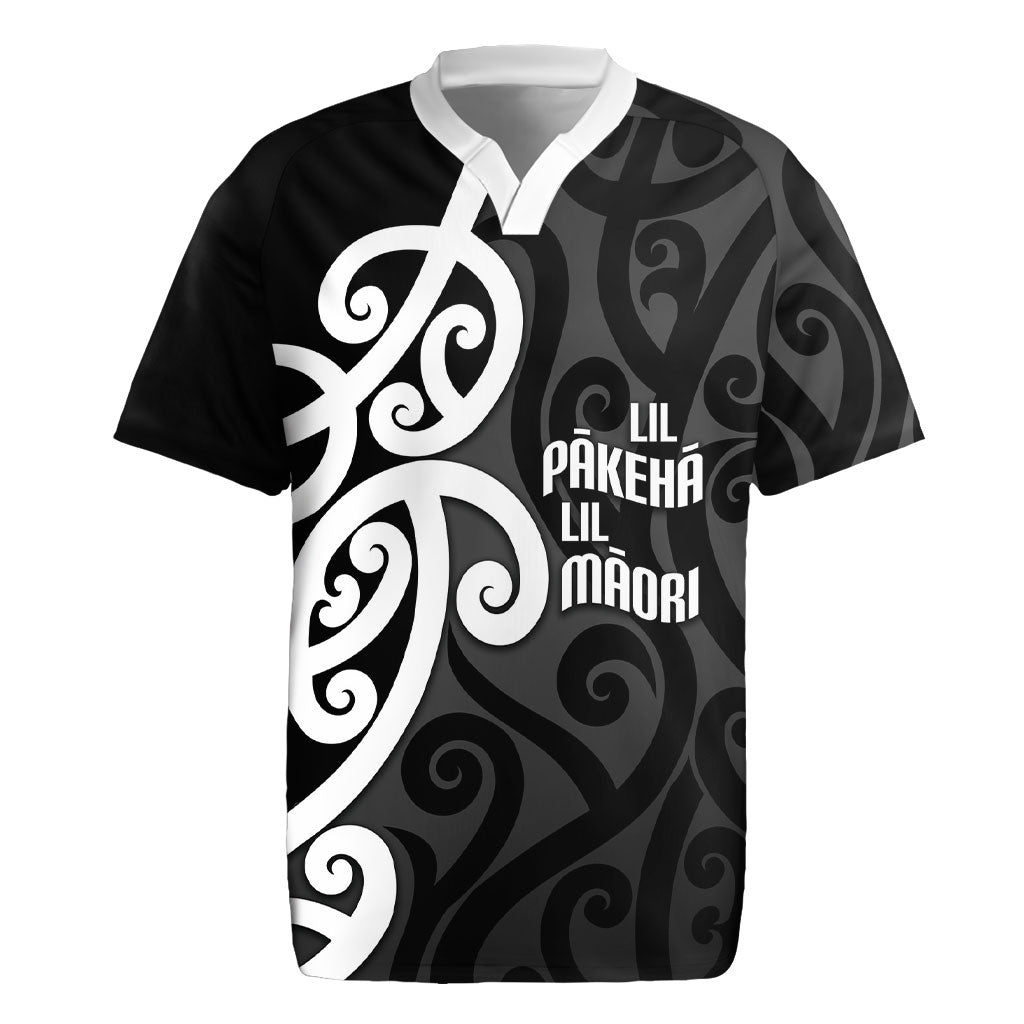 Lil Pakeha Lil Maori New Zealand Rugby Jersey Kiwi Proud Mangopare Pattern LT14 Black - Polynesian Pride