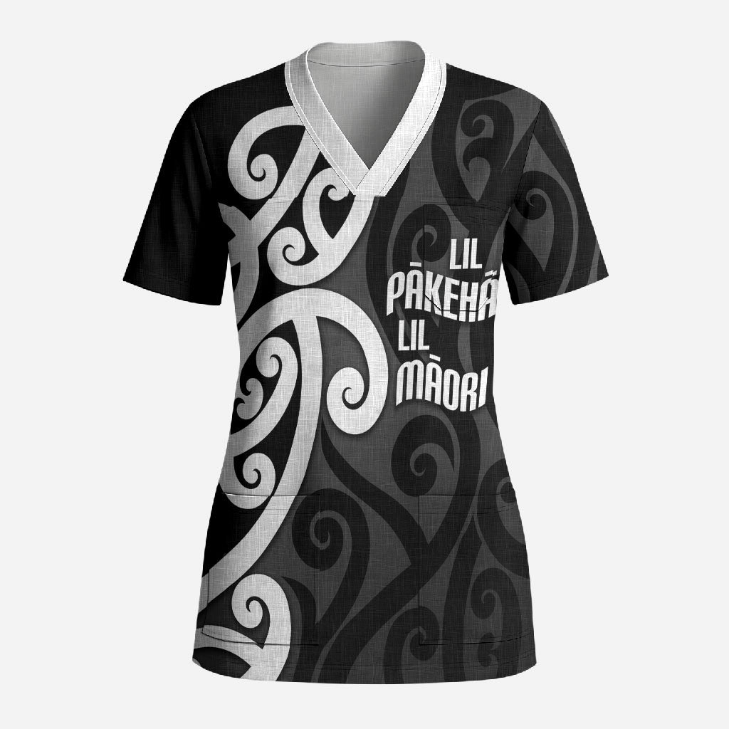 Lil Pakeha Lil Maori New Zealand Scrub Top Kiwi Proud Mangopare Pattern LT14 Adult Black - Polynesian Pride