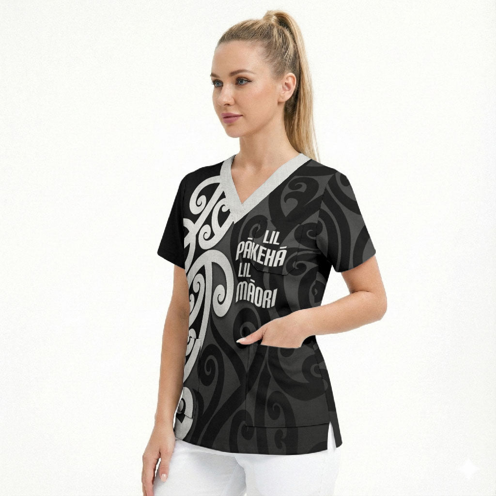 Lil Pakeha Lil Maori New Zealand Scrub Top Kiwi Proud Mangopare Pattern LT14 - Polynesian Pride