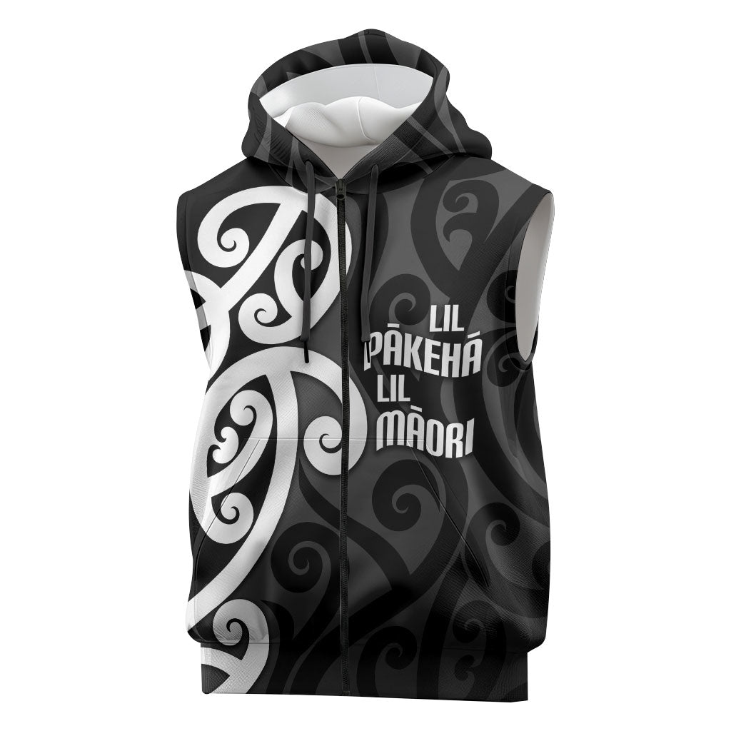 Lil Pakeha Lil Maori New Zealand Sleeveless Zip Hoodie Kiwi Proud Mangopare Pattern LT14 Black - Polynesian Pride