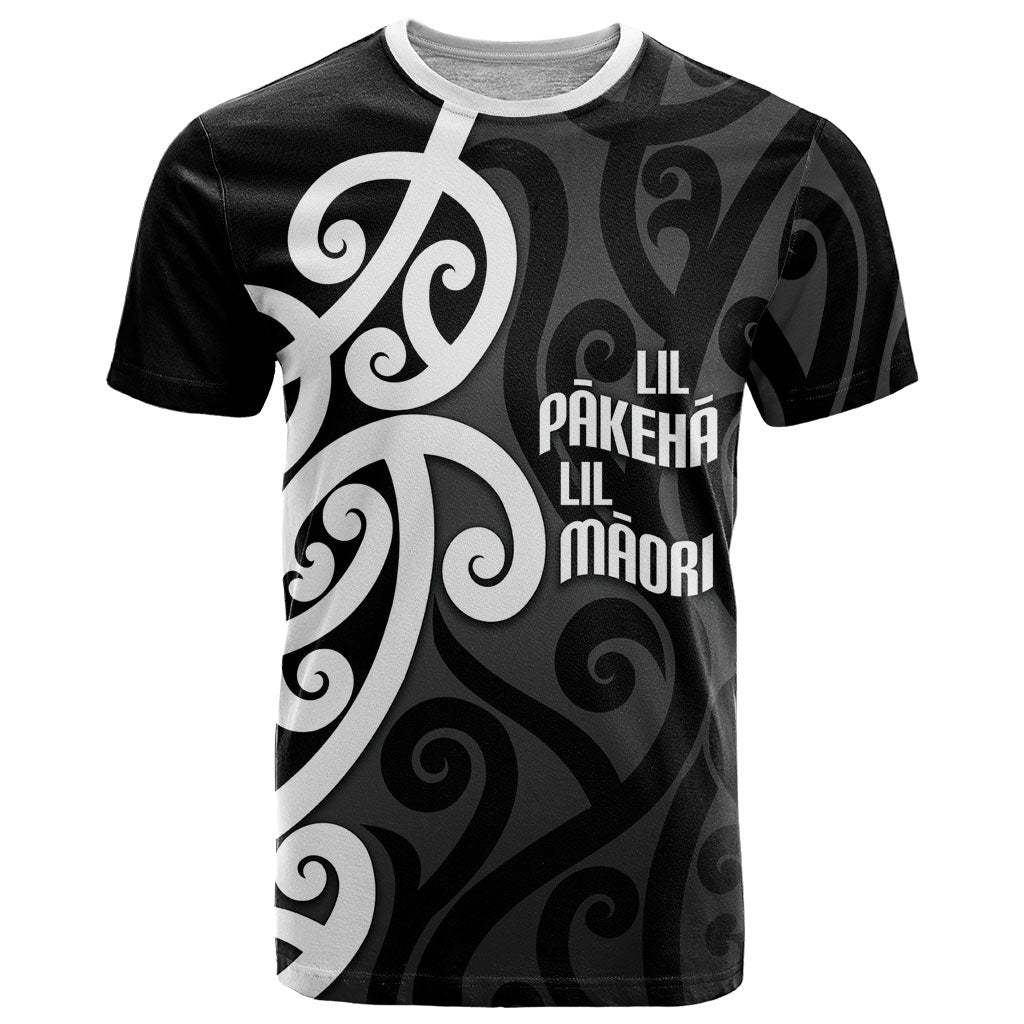 Lil Pakeha Lil Maori New Zealand T Shirt Kiwi Proud Mangopare Pattern LT14 Black - Polynesian Pride
