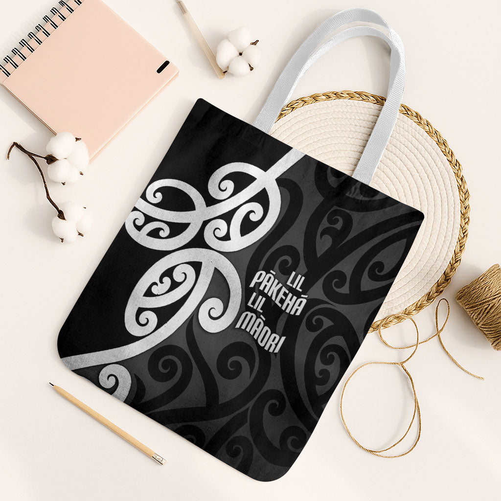 Lil Pakeha Lil Maori New Zealand Tote Bag Kiwi Proud Mangopare Pattern LT14 White Strap One Size Black - Polynesian Pride