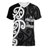 Lil Pakeha Lil Maori New Zealand Women V-Neck T-Shirt Kiwi Proud Mangopare Pattern LT14 Female Black - Polynesian Pride