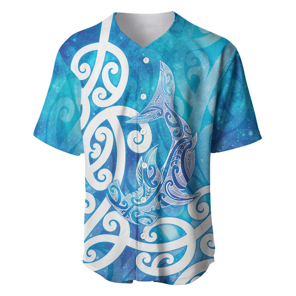 Hammerhead Shark Tattoo New Zealand Baseball Jersey Maori Galaxy Mangopare Pattern LT14 Turquoise - Polynesian Pride