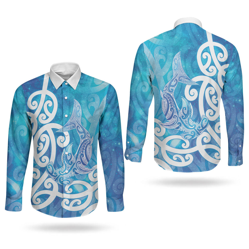 Hammerhead Shark Tattoo New Zealand Couples Matching Puletasi and Long Sleeve Button Shirt Maori Galaxy Mangopare Pattern LT14 - Polynesian Pride